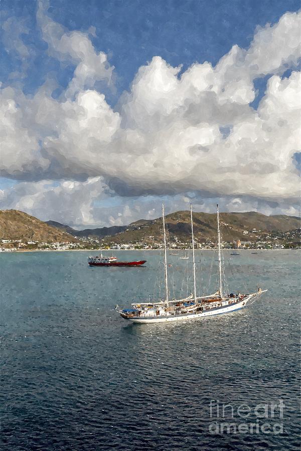 Windjammer sailing ship and other vessels lie anchored in Great Bay at Philipsburg, St Martin #2 Photograph by William Kuta