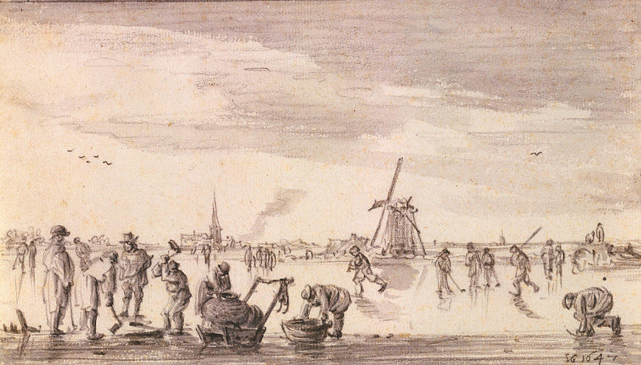 Winter Painting - Winter Landscape with Skaters and Fishermen  #1 by Jan van Goyen