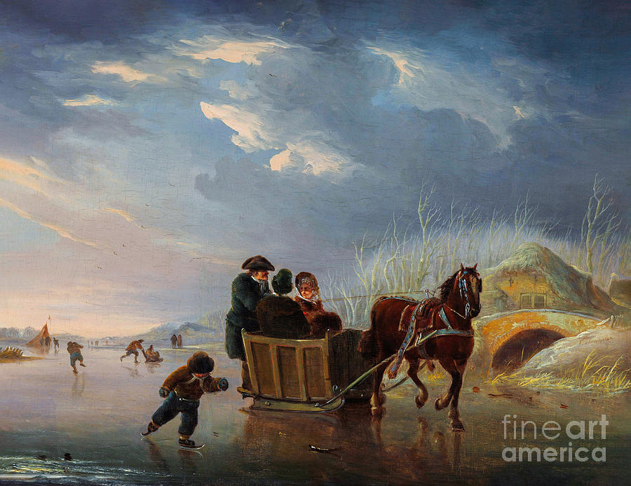 Winter Scene Horse-sleigh On The Ice Painting