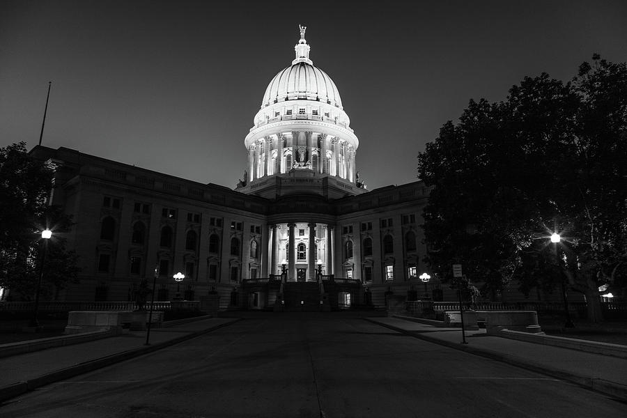 Wisconsin state capitol building at night in black and white #1 Photograph by Eldon McGraw