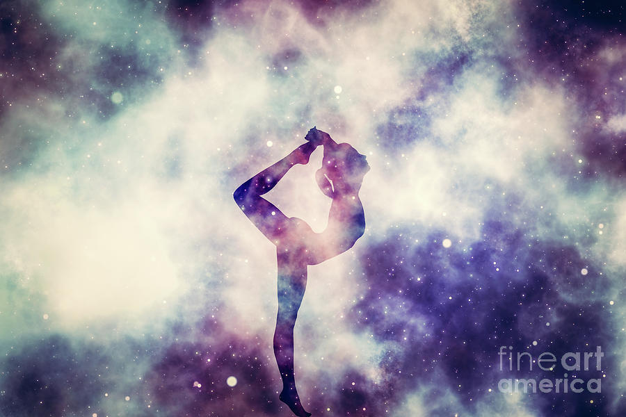 Woman In Yoga Pose Meditation On Nebula Galaxy Background. Photograph