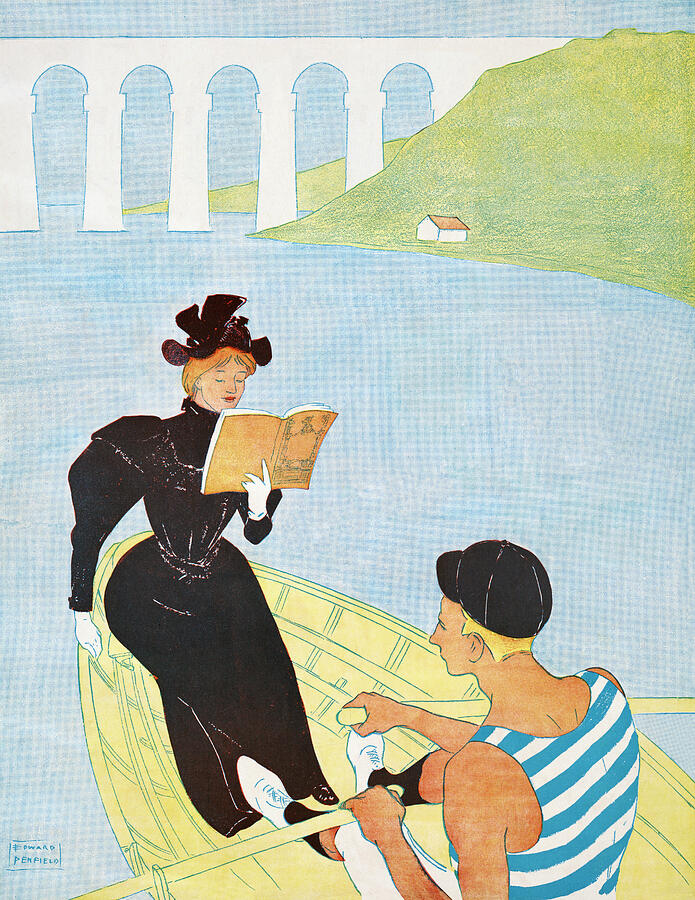 Woman Reading In A Row Boat By Edward Penfield Drawing