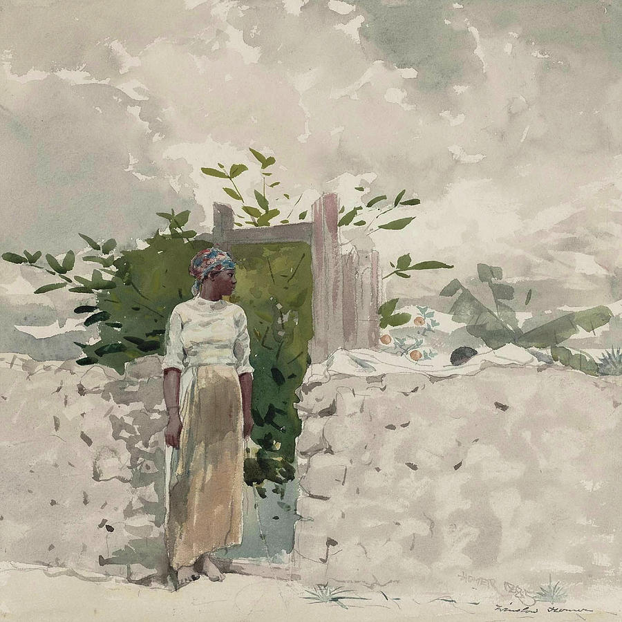 American Artists Painting - Woman Standing by a Gate, Bahamas #1 by Winslow Homer