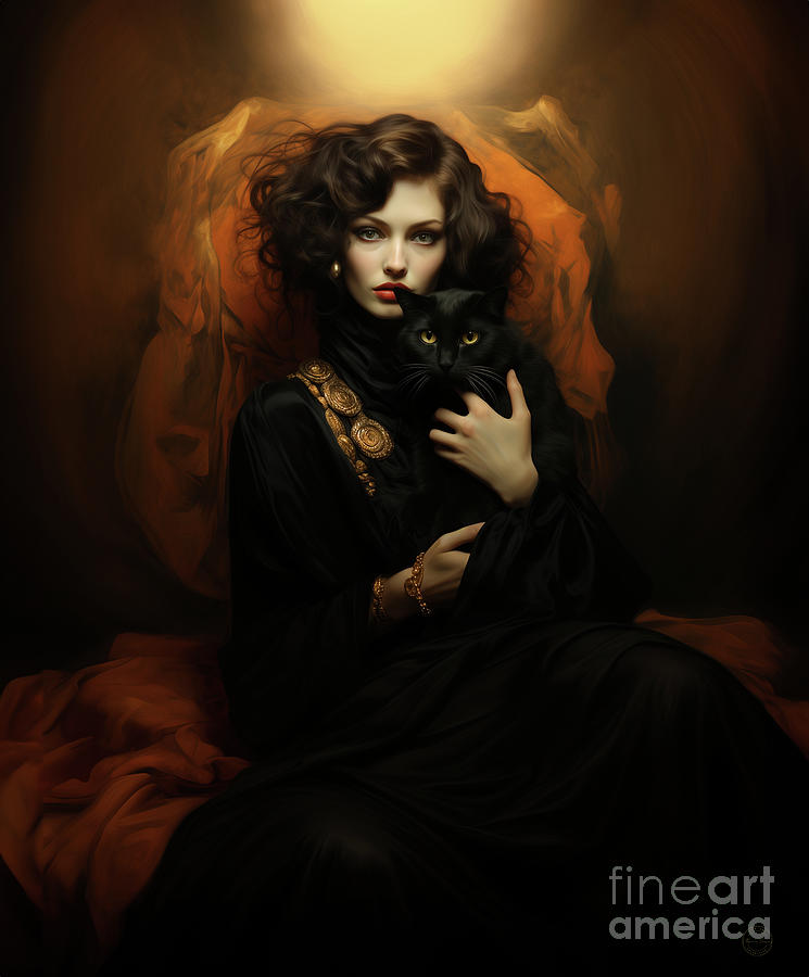 Art Deco Portrait Digital Art - Woman with Cat #1 by Shanina Conway