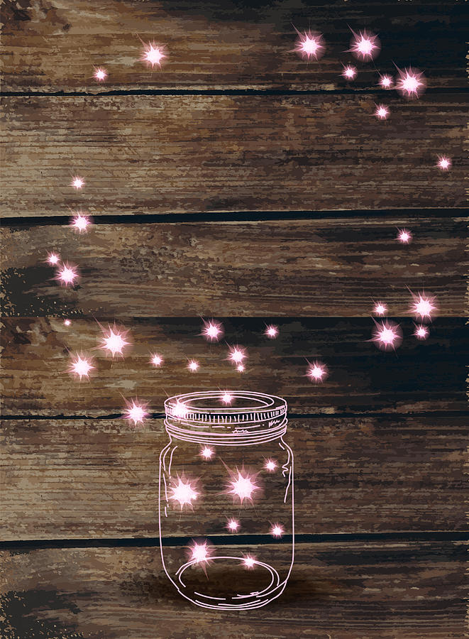 Wooden background with canning jar and pink sparkles #1 Drawing by JDawnInk