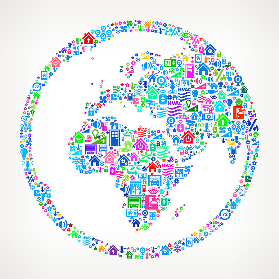 World Globe on Home Automation and Security Vector Background #1 Drawing by Bubaone