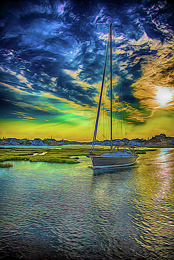 Yacht and setting sun #1 Photograph by Alan Goldberg