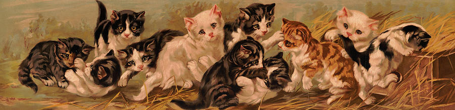 Yard of kittens Painting by Anonymous