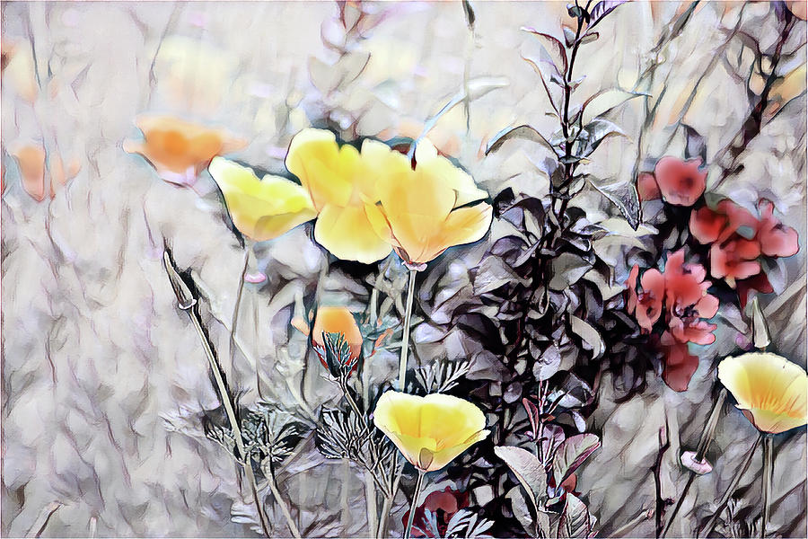 Yellow California poppies and red flowers #1 Painting by Patricia Piotrak