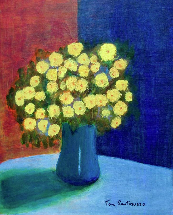 Yellow Flowers in a Blue Vase #1 Painting by Thomas Santosusso