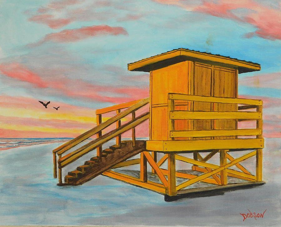 Yellow Lifeguard Stand At Sunset #1 Painting by Lloyd Dobson