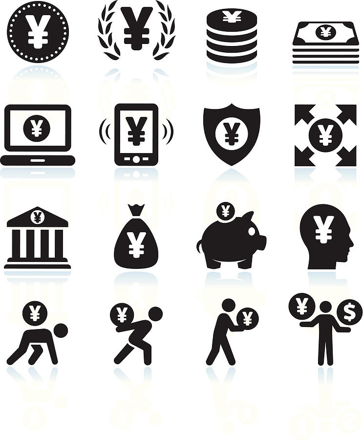 Yen Money and Finance Black & White vector icon set #1 Drawing by Bubaone