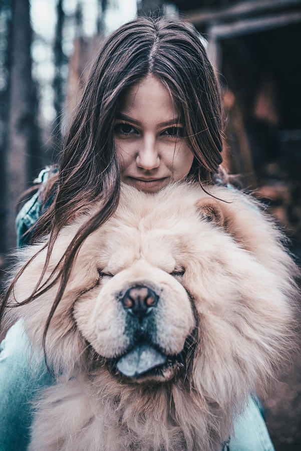 Young Female Hugging her Chow Chow Dog on a Mountain Picnic #1 Photograph by AleksandarGeorgiev