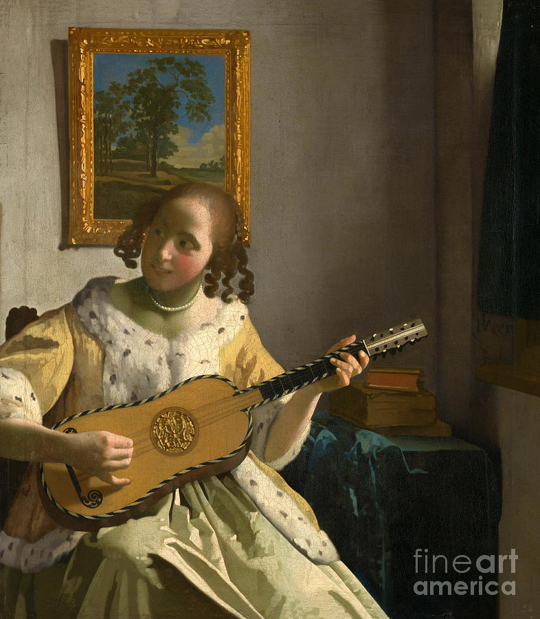 Young woman playing a guitar #1 Painting by Johannes Vermeer