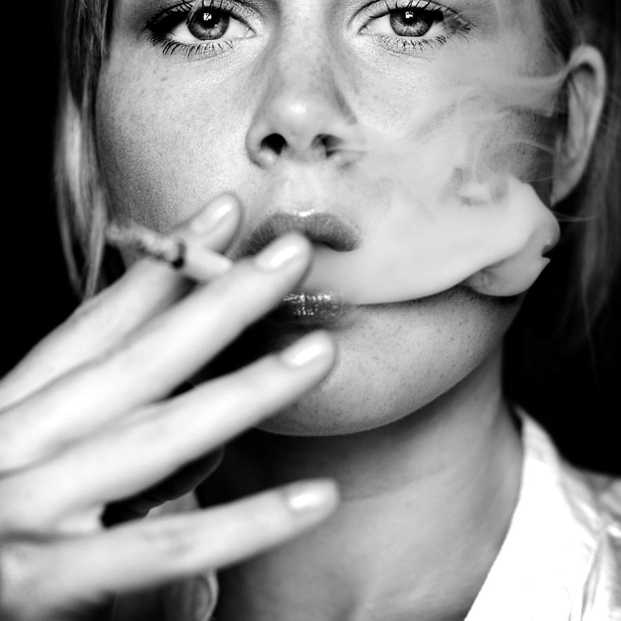 Young Woman Smoking Cigarette, Black and White #1 Photograph by Knape