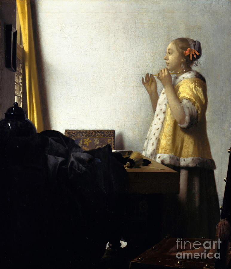 Young Woman with a Pearl Necklace #1 Painting by Johannes Vermeer