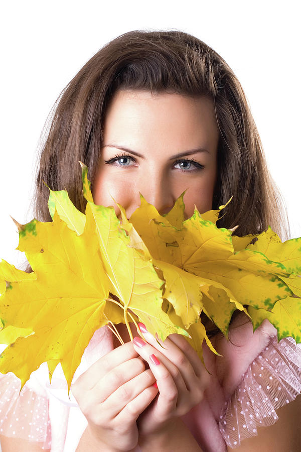 Fall Photograph - Young Woman With Yellow Leaves #1 by Liss Art Studio