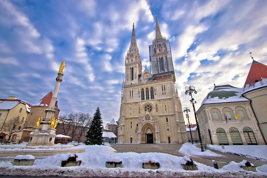 Zagreb cathedral and Kaptol square snow view #1 Photograph by Brch Photography