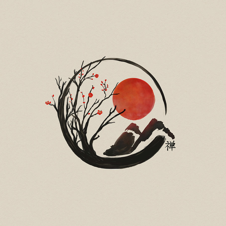 Zen Enso Circle and Sakura Tree Digital Art by Lioudmila Perry