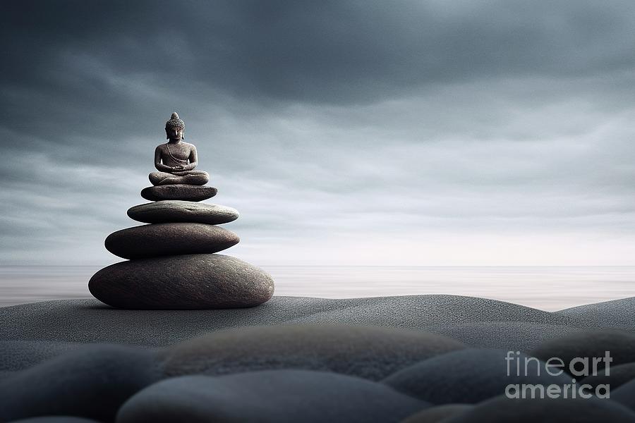 Zen Scene, With Relaxing Stacked Stones. Ai Generated. Photograph