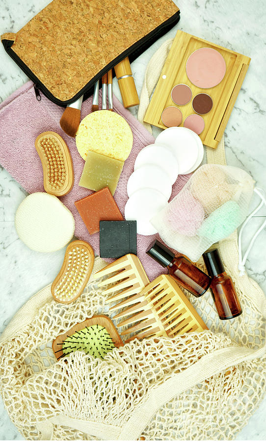 Brush Photograph - Zero-waste, plastic-free beauty and makeup products flatlay overhead. #1 by Milleflore Images