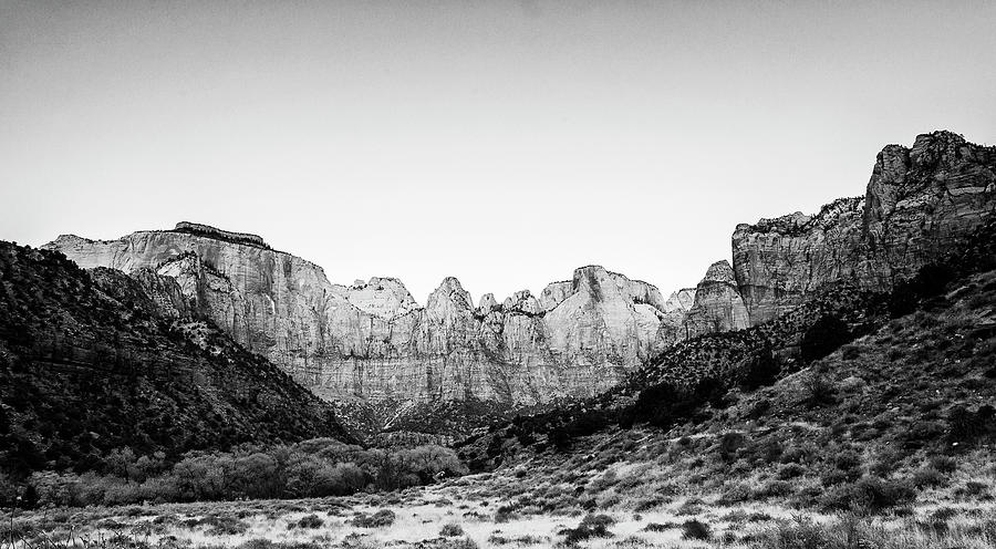 Zions Towers Of The Virgin Black And White Photograph