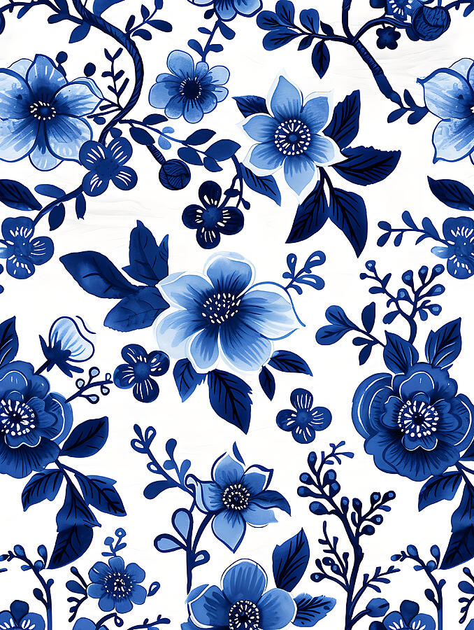 Flower Digital Art - Blue And White Floral Pattern #10 by Benameur Benyahia