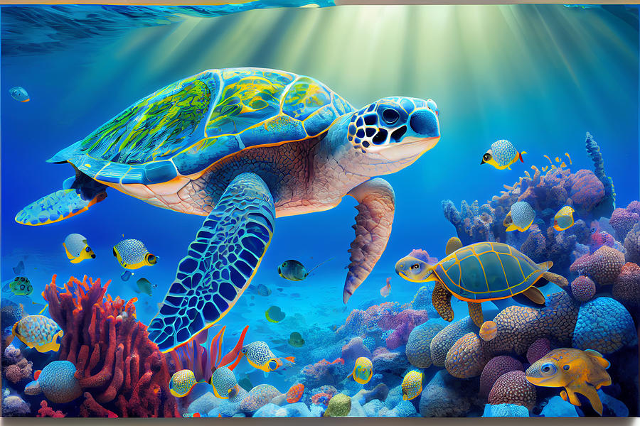 Blue Ocean Sea Turtle and baby turtle tortoise by Asar Studios Painting ...