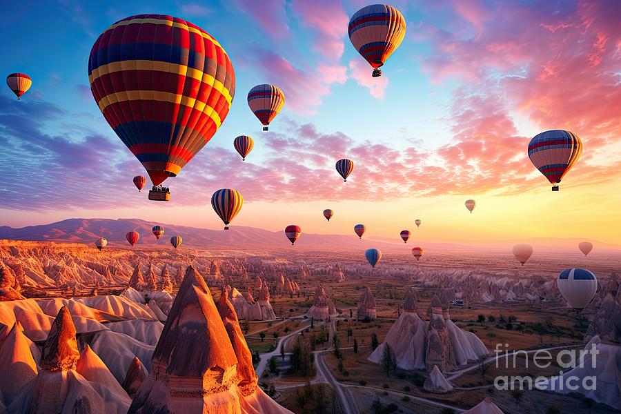 Cappadocia air balloons flying at sunset in Turkey #10 Digital Art by Benny Marty