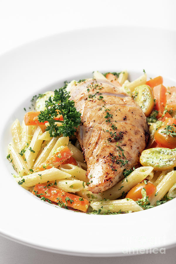 Fried Chicken Breast With Penne And Saute Vegetables Pasta Dish Photograph