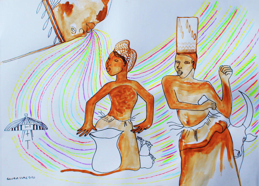 Kintu and Nambi Nambi Looks Back #10 Painting by Gloria Ssali