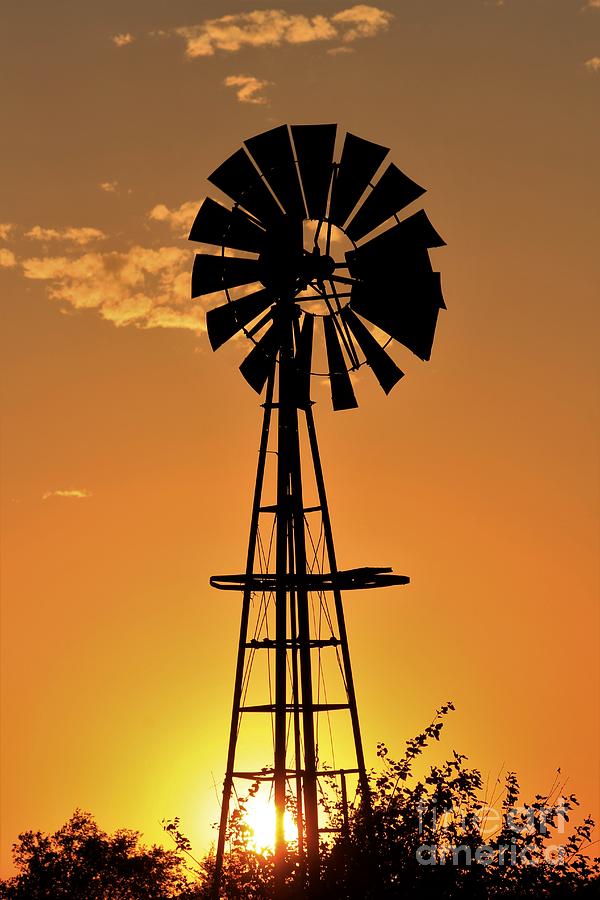 Orange and Gold Sunset with Windmill Silhouette Digital Art by Robert D ...