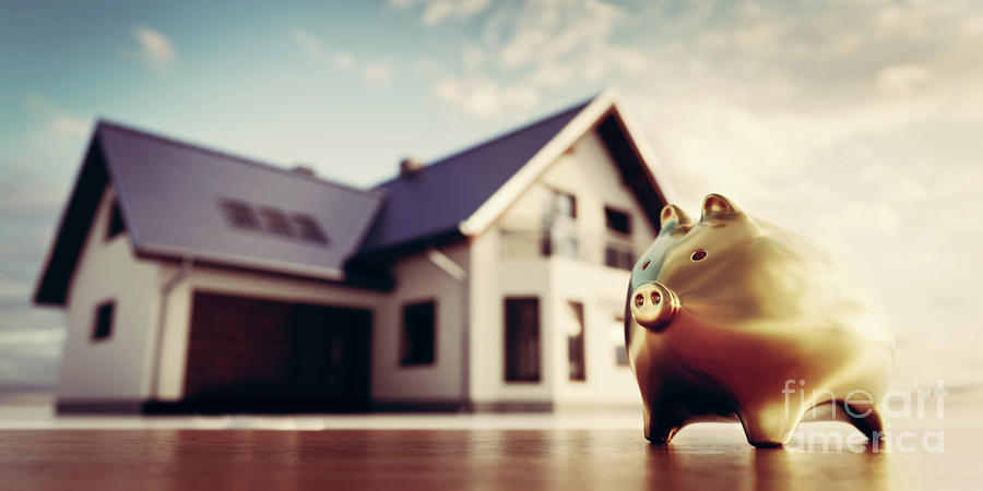 Piggybank And New House, Saving For Home, Mortgage. Photograph