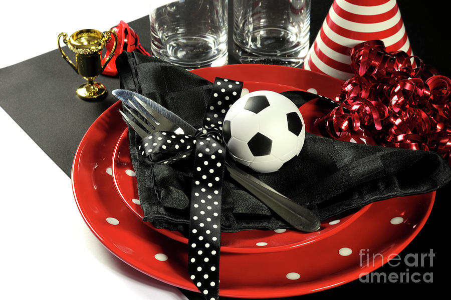 Soccer football celebration party table setting #10 Photograph by Milleflore Images