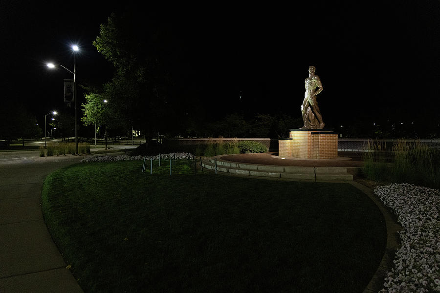 Spartan statue at night on the campus of Michigan State University in East Lansing Michigan #10 Photograph by Eldon McGraw