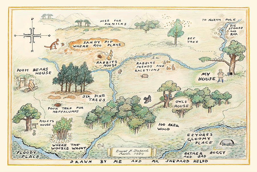 100 Acre Wood Map by E.H. Shepard Drawing by Julia The Pooh - Pixels