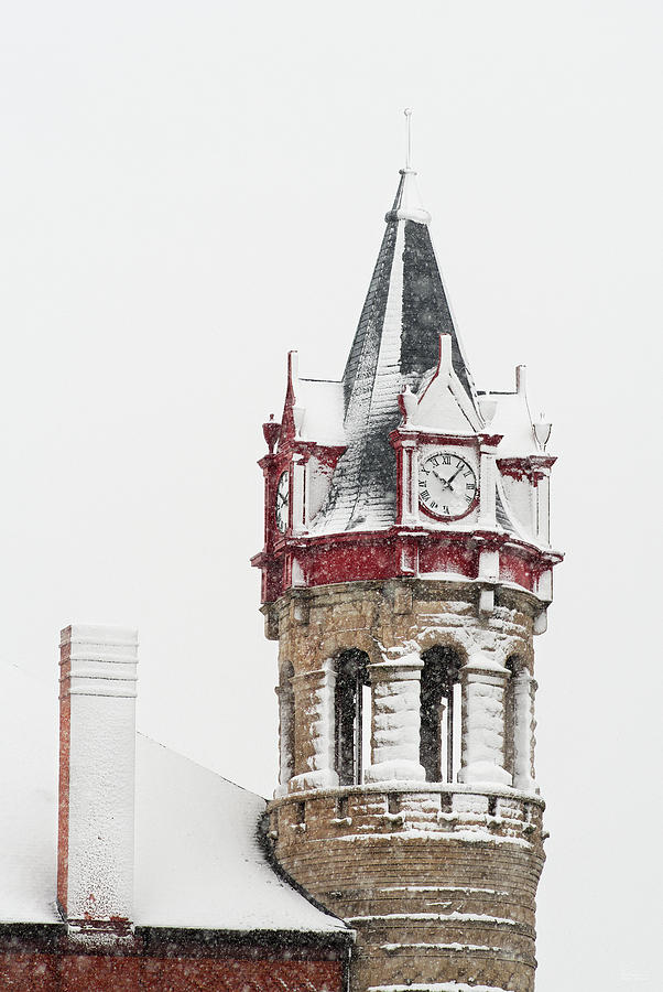 100 percent Chance of Snow at 10AM -    - Stoughton Opera House clock tower in snowstorm Photograph by Peter Herman