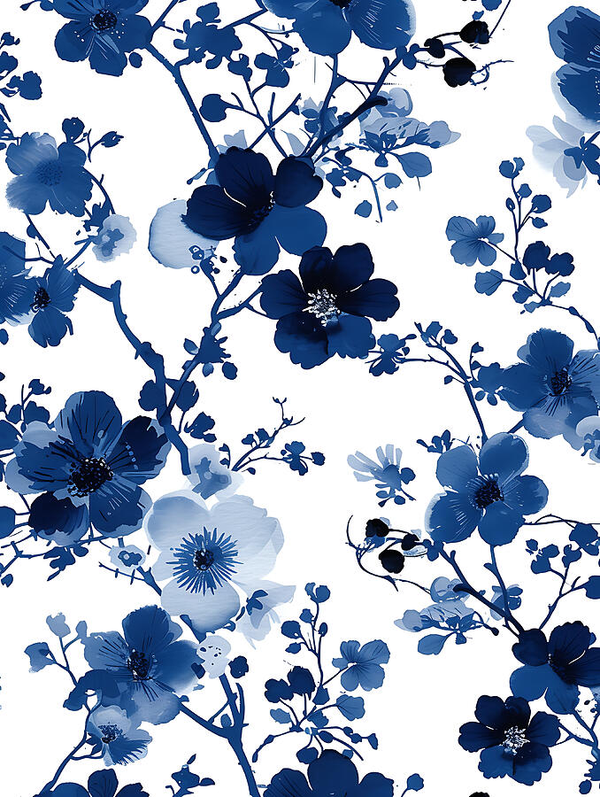 Flower Digital Art - Blue And White Floral Pattern #11 by Benameur Benyahia