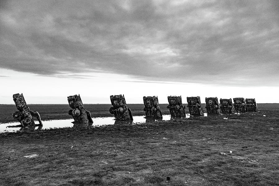 Cadillac Ranch on Historic Route 66 in Amarillo Texas in black and white #11 Photograph by Eldon McGraw