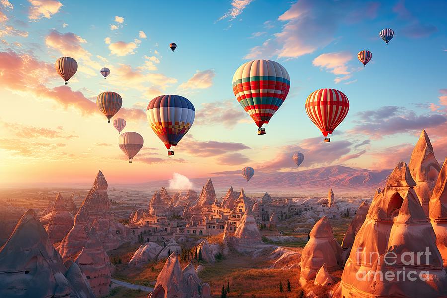 Cappadocia air balloons flying at sunset in Turkey #11 Digital Art by Benny Marty