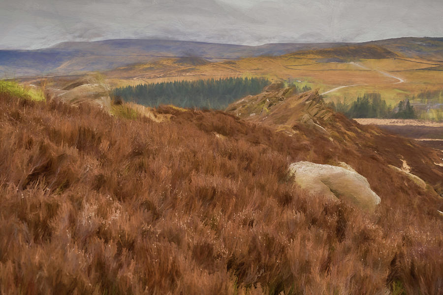 Digital oil painting of bleak winter panoramic view of Baldstone, and