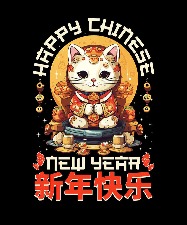 Happy Chinese New Year 2024 Lucky Cat Matching Digital Art by Maximus