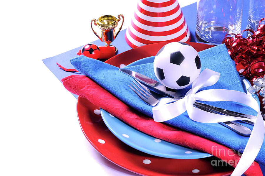 Soccer football celebration party table setting #11 Photograph by Milleflore Images