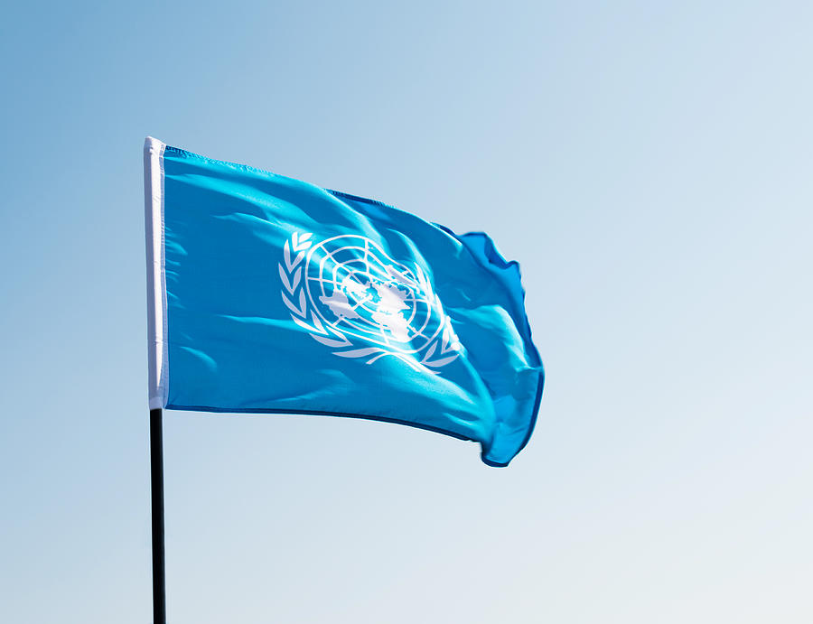 United Nations flag waving in the wind #11 Photograph by Baona