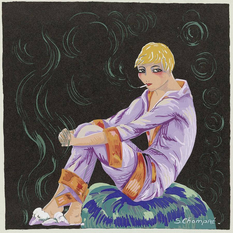 111202 Modern Wall Art, Seated Woman with Cigarette, 1926 Painting by S Chompre