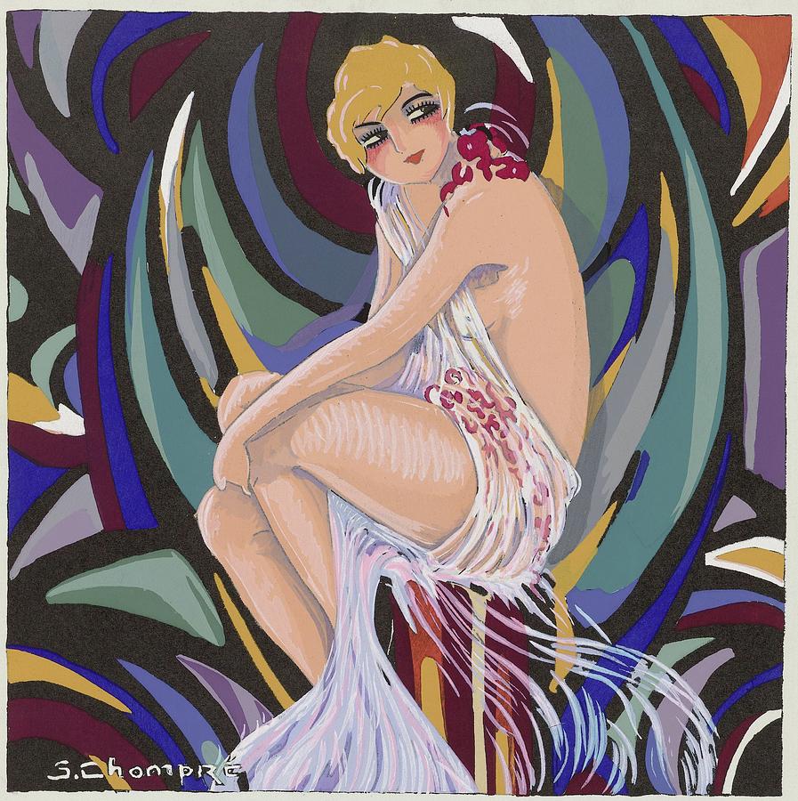 111203 Modern Wall Artwork, Seated Woman, With Drapery, 1926 Painting by S Chompre