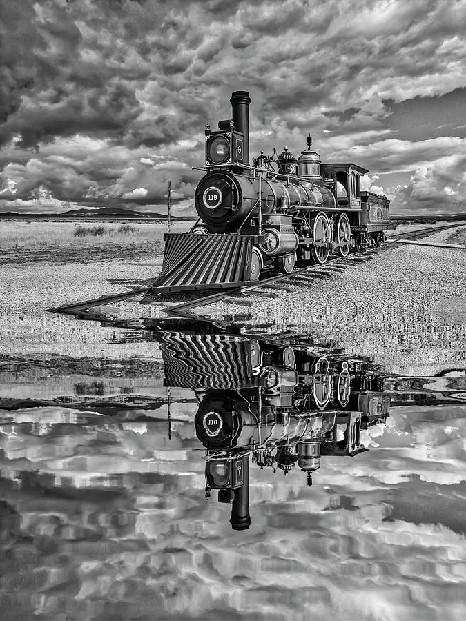 119 Union Pacific Steam Train Reflection In Black And White Photograph by Garry Gay