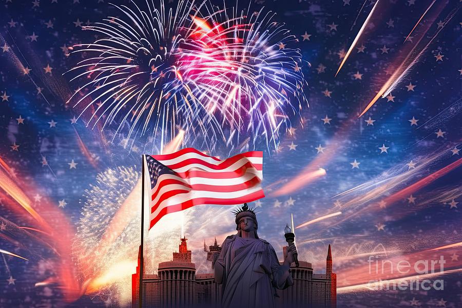 American flag waving in the night with fireworks #12 Digital Art by Benny Marty
