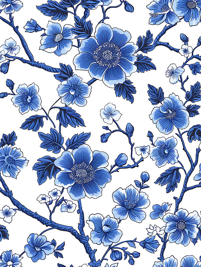 Blue Flowers Digital Art - Blue And White Floral Pattern #12 by Benameur Benyahia