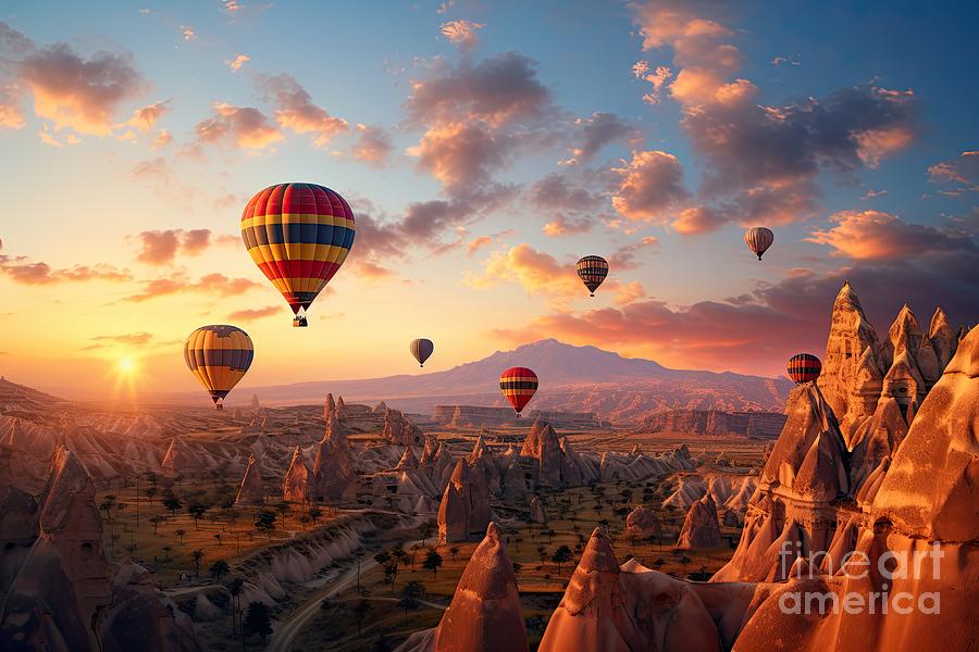Cappadocia air balloons flying at sunset in Turkey #12 Digital Art by Benny Marty